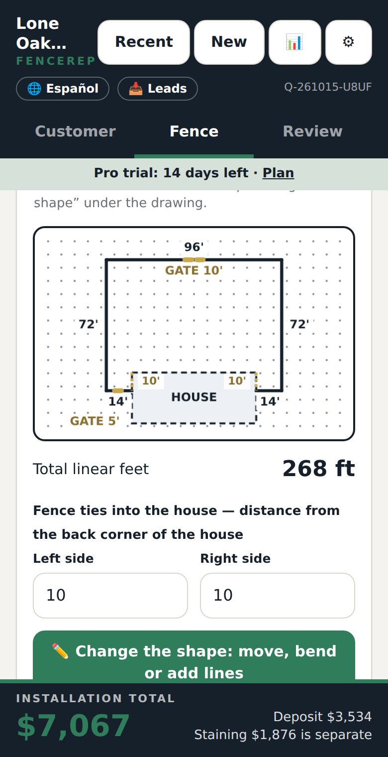 FenceRep on a phone: the fence step with a drawn backyard plan, 268 linear feet, and the installation total of $7,067.