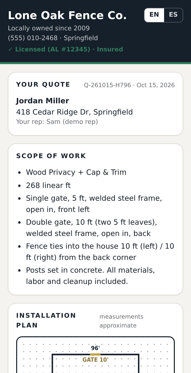 The homeowner's signing page with the fence company's name, license and the quote.